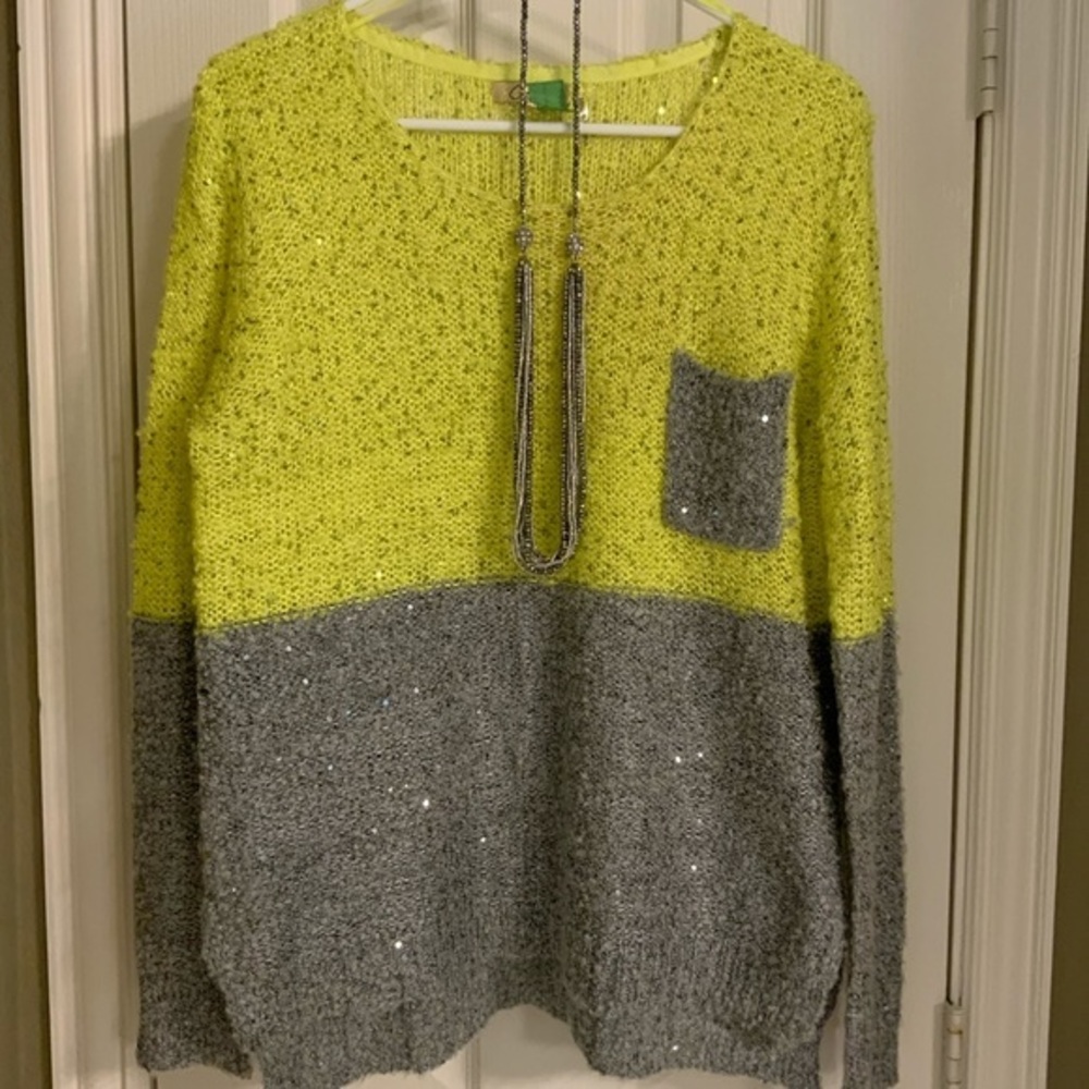 Neon Green Yellow and Silver Sequin Sweater